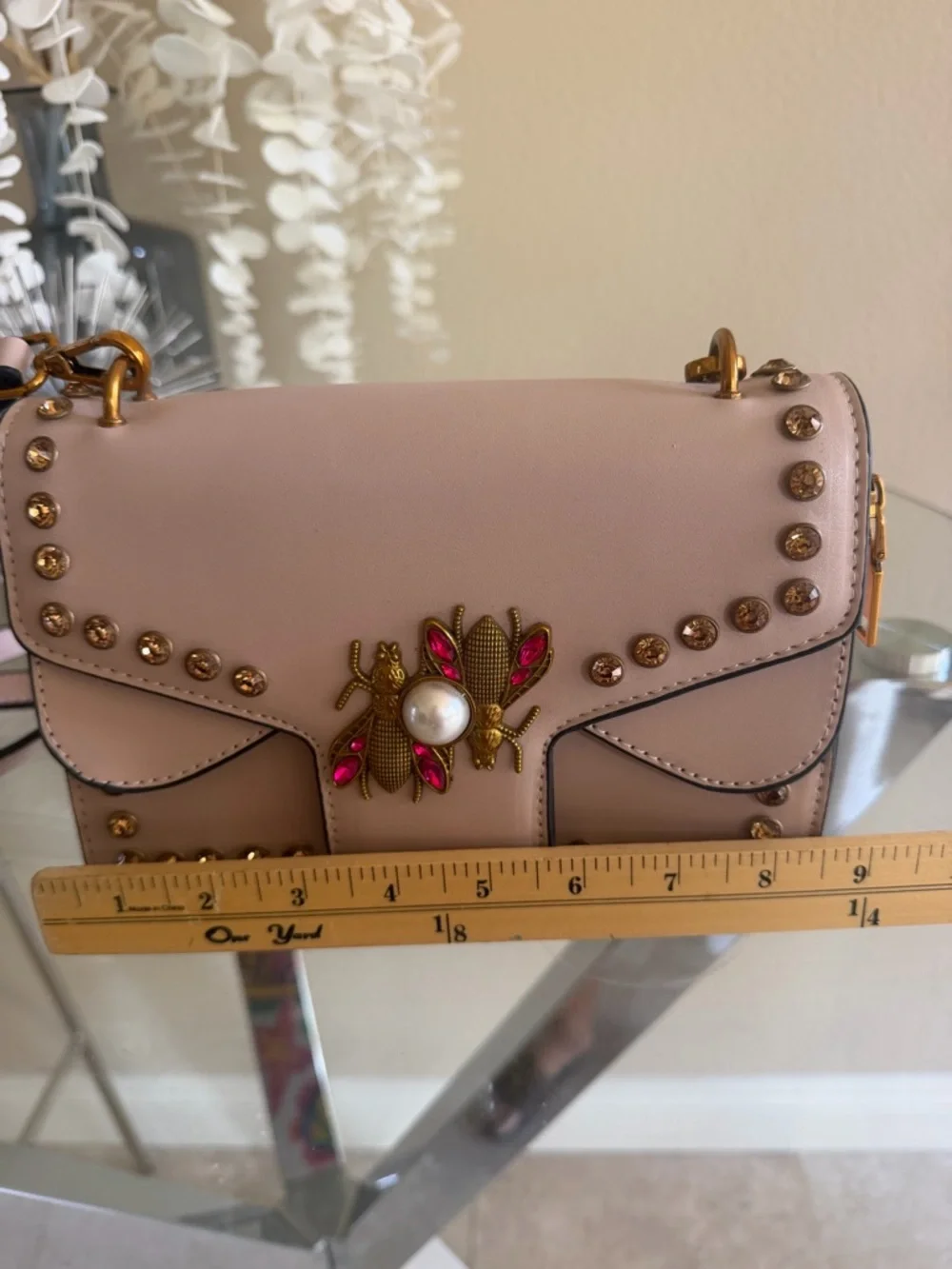 Blush Pink Studded Crossbody Bag with Bee Emblem